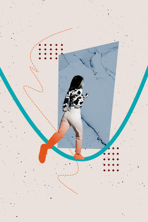 Composite 3D collage trend artwork template design of young lady run hurry line goal leadership success challenge purpose aim competitionの写真素材