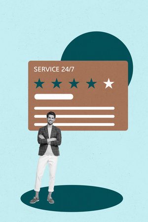 3d sketch poster collage of happy businesswoman businessman receive star promotion score result development best reputationの写真素材