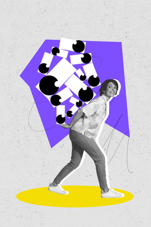 Trend template sketch design 3D collage of silhouette young lady walk hand hold pile eyes remote control watch peek discover solve problemの写真素材