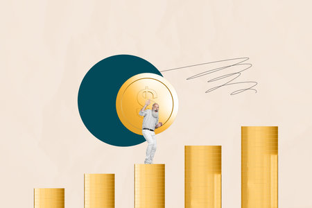 Sketch pop contemporary photo collage of happy businessman businesswoman receive dollar cash capital profit money incomeの写真素材