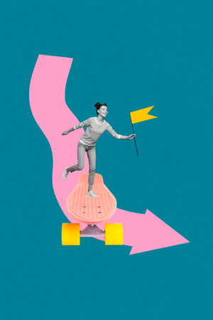 Creative trend artwork design 3D collage sketch of young lady ride skateboard route hand hold flag collage new project investment earningsの写真素材
