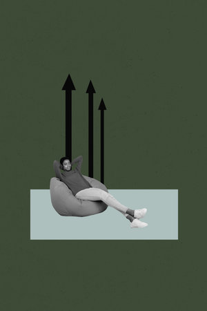 Trend artwork banner sketch 3D photo collage of graphics analyzing business success target arrow up young woman sit relax beanbagの写真素材