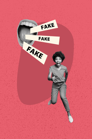 Creative artwork template sketch image 3D collage of young lady run suffer mouth scream fake news propaganda narrative disinformationの写真素材