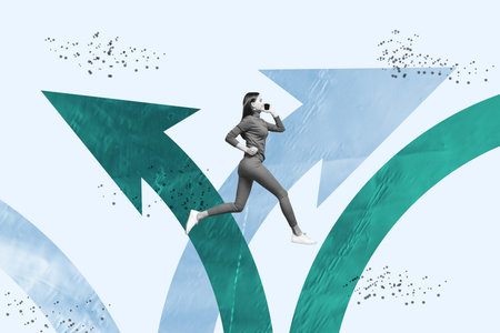 Banner pop 3d zine full collage of happy businessman businesswoman stand arrow development career chance promotion employeeの写真素材