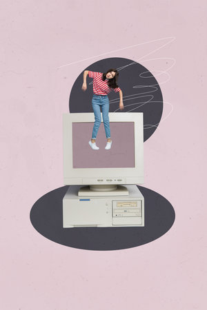 Vertical 3d poster art pop collage of happy businesswoman businessman stand pc monitor desktop mouse tool freelancer occupationの写真素材