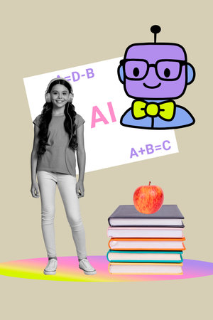 Poster image artwork pop collage of happy teenager schoolgirl wear headphones stand book stack apple fruit education robotの写真素材