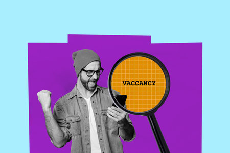 Full 3d image poster artwork collage of happy manager girl guy stand magnifier lens job offer vacancy candidate hiring conceptの写真素材