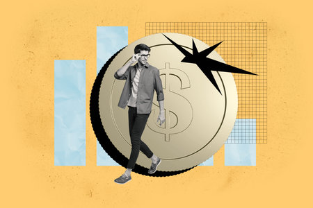 Banner full 3d artwork collage of happy businesswoman businessman receive dollar capital coin bag chart progress statisticsの写真素材