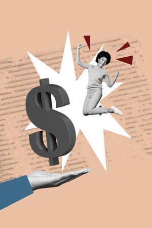 Trend composite sketch template 3D photo collage of hand hold dollars salary trade dollars currency economy young woman excited jumpの写真素材