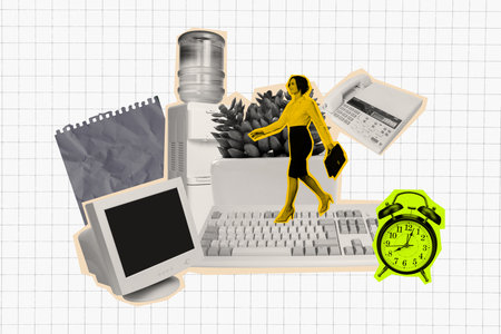 Image pop 3d zine full collage of happy businesswoman walk office freelancer supplies keypad pc plant cooler alarm clockの写真素材