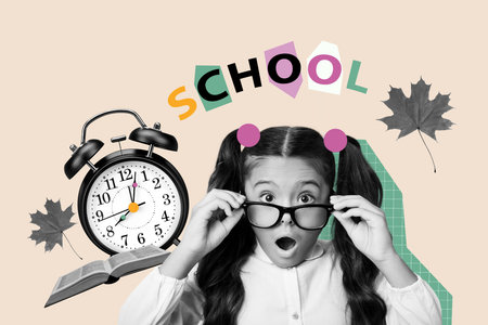 Composite artwork photo collage trend template of clock deadline young girl shocked hold eyewear book courses education school septemberの写真素材