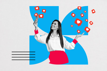 Composite zine pop trend collage of happy girl blogger hold phone take selfie heart like notification social media reactionの写真素材
