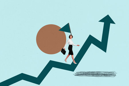 Image pop 3d zine full collage of happy businessman businesswoman stand arrow development career chance promotion flagpoleの写真素材