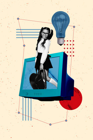 3D collage design trend artwork sketch of computer monitor young girl stand smile idea bulb study homework pupil webinar digital educationの写真素材