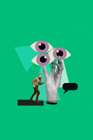 3D collage poster template trend artwork sketch of psychedelic look vision search escape hand hold eyes speech cloud young man walkの写真素材