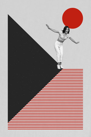 Pop image sketch 3d collage of happy businesswoman stand geometric figure success aim achievement...