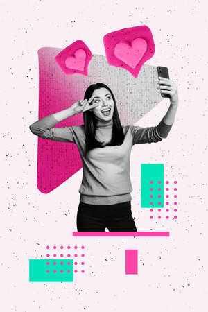 Creative artwork template sketch 3D collage of app online chatting media subscribe like young lady. hold smartphone selfie two finger hiの写真素材