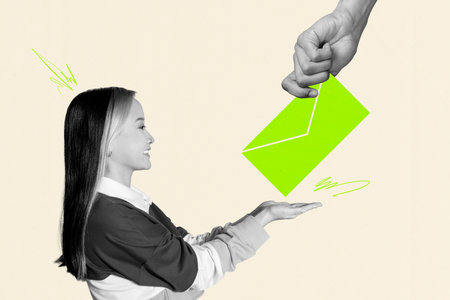 Composite sketch image design trend artwork collage of young lady smile hand hold take letter dialog...