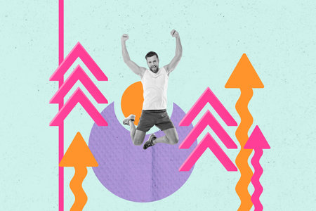 Collage of successful person near large rising arrow or stats symbolizing financial growth business...