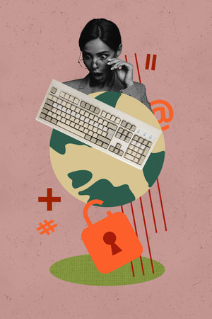 Banner 3d magazine pop picture collage image of puzzled it-specialist girl guy pandemic earth lock isolation keypad hacker softwareの写真素材