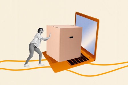 3D collage design composite trend artwork of open laptop young lady seller push carton box delivery buyer seller shopping client discountの写真素材