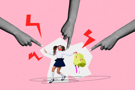 Poster sketch image artwork 3D collage of victim problem pressure mockery hand finger point young school age girl mute stand hold backpackの写真素材