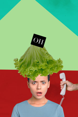 Pop zine sketch artwork collage of happy girl man stand leaf iceberg lettuce detox nutrition healthy lifestyle diet hungerの写真素材