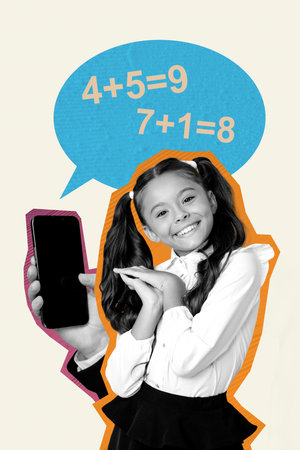 3d sketch image vertical collage of happy preteen schoolgirl stand hand hold phone screen bubble...