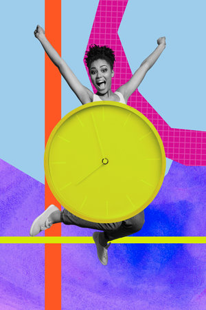 Vertical zine art pop image collage of happy business girl guy stand deadline clock expire limit...
