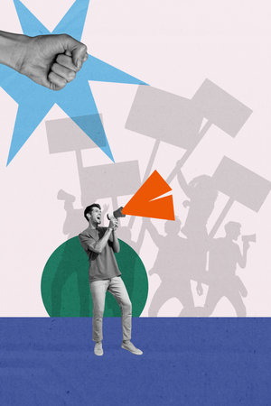 3D collage poster template trend artwork sketch of fist gesture young man stand talk megaphone government leader democracy citizen rightsの写真素材