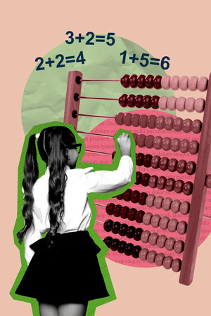 Sketch vertical photo collage of happy small schoolgirl stand back count abacus calculator exam preparation math subjectの写真素材