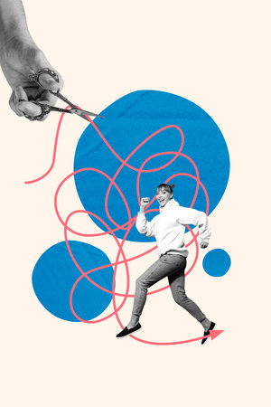 Collage of funny person navigating tangled lines symbolizing confusion challenge complexity business mental struggleの写真素材