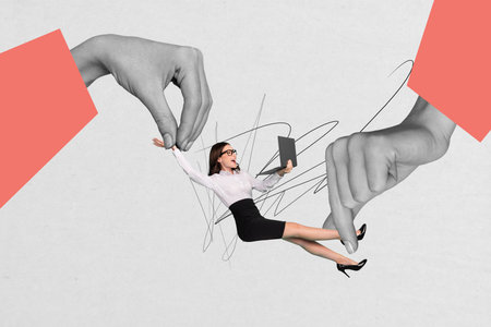 Composite trendy magazine photo collage of happy freelancer businesswoman hold laptop hands control marionette exploitationの写真素材