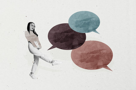 Collage of colorful speech bubbles symbolizing digital chatting modern communication internet blogging freelance workの写真素材