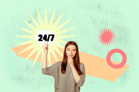 Creative banner image collage of young woman business entrepreneur girl 24 7 workaholic improvement trader investor progressの写真素材