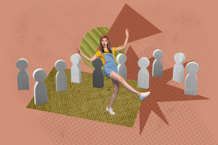 Full 3d art trend collage of serious business girl guy stand crowd wooden figurine gathering unity hiring demonstration ceo riotの写真素材