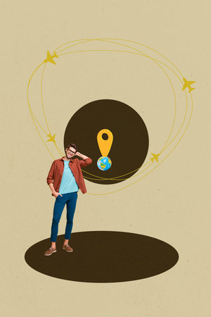 Vertical poster artwork collage of happy girl guy stand earth planet geolocation icon summer moving new settlement refugeeの写真素材