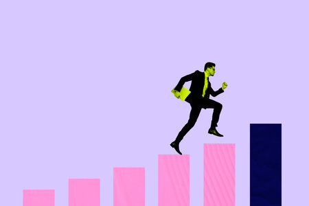 Sketch image 3d artwork photo collage of happy businesswoman businessman run chart career ladder progress goal achievementの写真素材