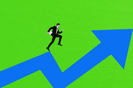 Composite poster creative collage of happy businessman run arrow development pointer aim achievement success determinationの写真素材