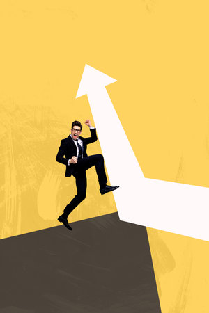 Collage of successful person near large rising arrow or stats symbolizing financial growth business progress motivationの写真素材