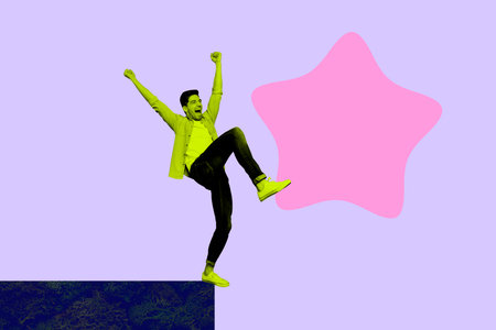 Trend image 3d artwork photo collage of happy businesswoman businessman receive star review progress best worker goal achievementの写真素材