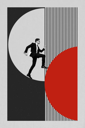 3d image vertical art collage of happy businessman run ball career promotion geometric figure progress achievement goal chanceの写真素材