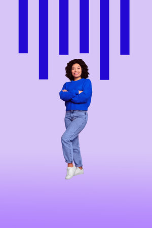 Vertical banner 3d art pop image collage of happy businesswoman businessman climb stand chart progress statistics goal progressの写真素材