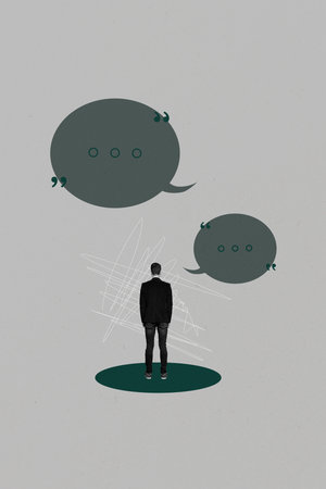 Vertical image photo collage of happy girl guy stand bubble communication chatterbox speech dialogue conversation icon chatの写真素材