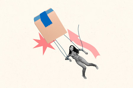 Creative trend artwork design 3D collage sketch of package box young woman hand rope fly purchase buy courier client post arrow show upの写真素材