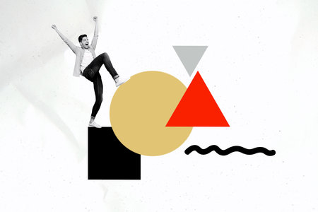 Poster trend sketch 3D photo collage of young man excited walk ball triangle combination shapes element figure geometry hurdle overcomeの写真素材