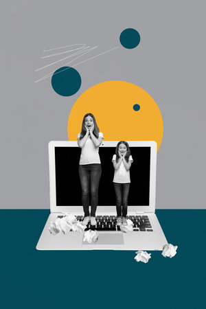 Poster image sketch pop vertical collage of happy businesswoman businessman stand laptop crumpled paper deadline mess developmentの写真素材