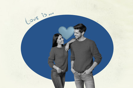Composite image art photo collage of two happy girl guy celebrate valentine day heart postcard bonding feelings romanceの写真素材