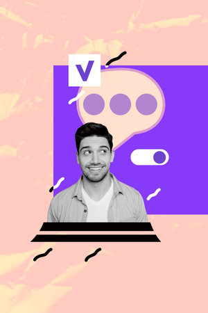 Sketch image artwork composite 3D photo collage of young man portrait smile chatting talk speech cloud dialog check done button onの写真素材