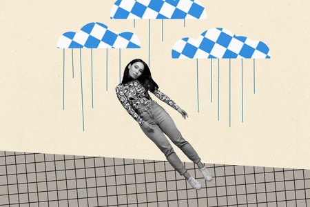 Sketch image trend artwork montage 3D photo collage of sad anxiety overwhelmed stress mental young woman hang fly outdoors cloud sky rainの写真素材